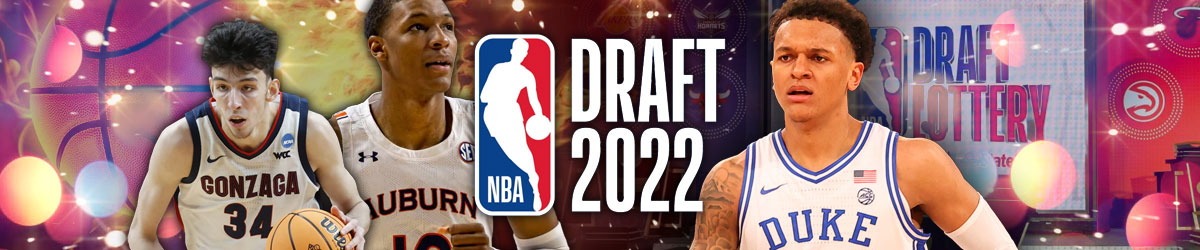 NBA Draft 2022 logo, Jabari Smith Jr. (Auburn) and Chet Holmgren (Gonzaga) left; Paolo Banchero (Duke) right