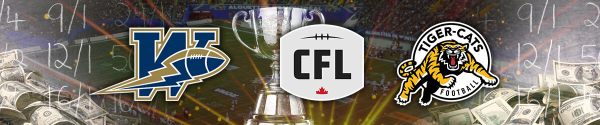 Grey Cup and CFL logo centered, Winnipeg Blue Bombers on left. Hamilton Tiger-Cats on right