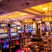 Slot machines lined up in a casino