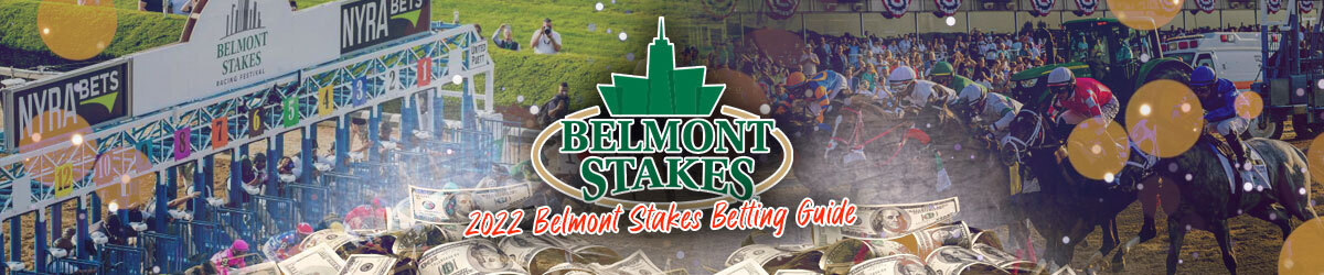 Belmont Stakes logo centered, 2022 Belmont Stakes betting Guide stamped, horses in gates background