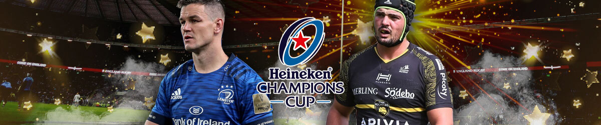 Heineken Champions Cup logo, rugby players on left and right, rugby stadium background