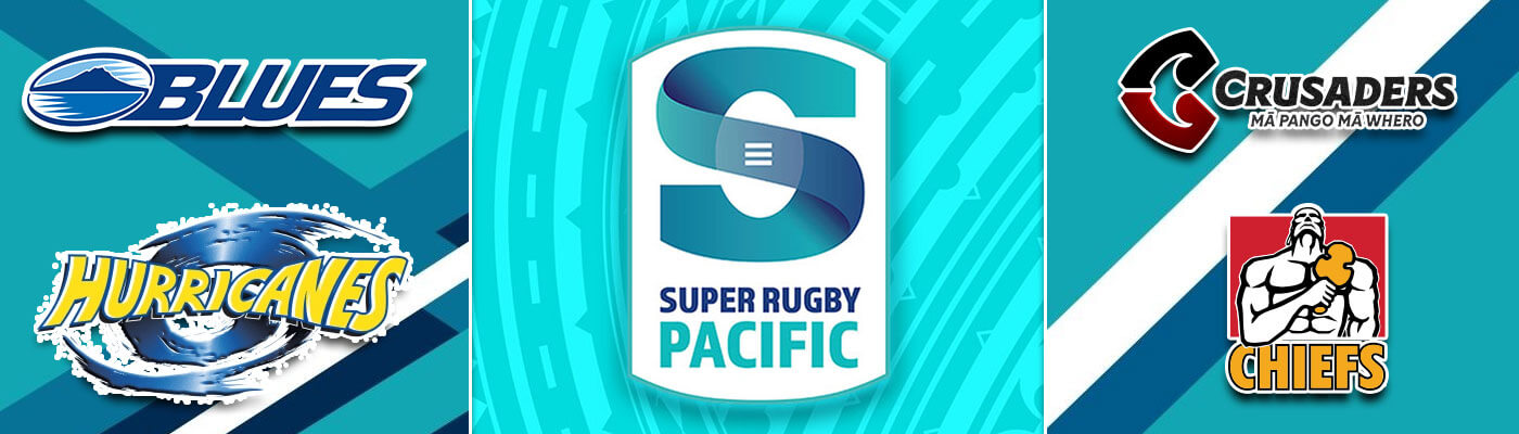 2022 Super Rugby Pacific season logo centered; Blues, Crusaders, Chiefs, and Brumbies logos in 4 corners