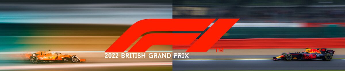 F1 logo. 2022 British Grand Prix, F1 cars racing on track