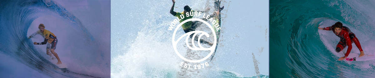World Surf League logo centered, people surfing on the ocean