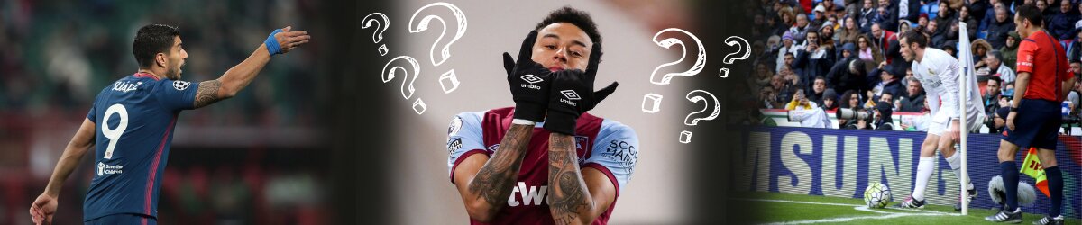 soccer players, question marks, kicking a goal