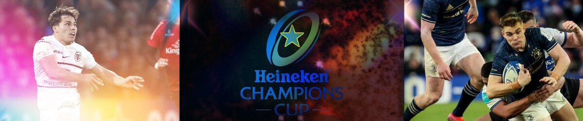 Heineken Champions Cup logo, rugby players Antoine Dupont and Garry Ringrose