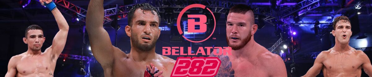 Bellator 282 logo, Gegard Mousasi and Johnny Eblen in center, Leandro Higo and Danny Sabatello to left and right