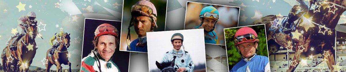 collages of the best jockeys throughout history with horse racing background