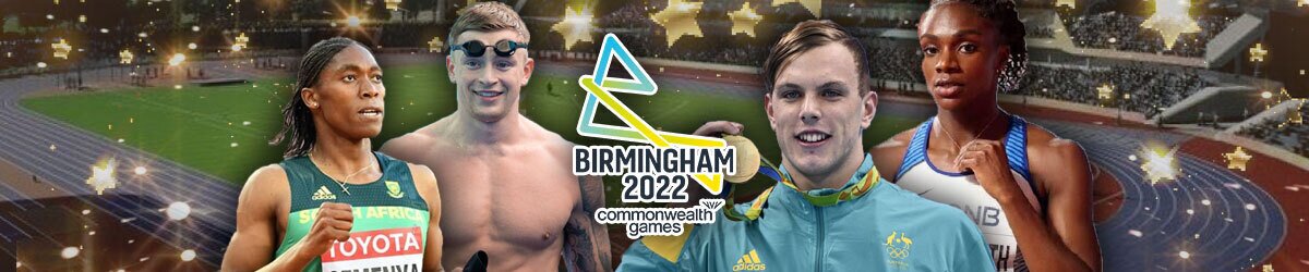 Birmingham 2022 Commonwealth Games logo, (L-R): Caster Semenya, Adam Peaty, Kyle Chalmers, Dina Asher-Smith.