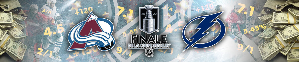 Stanley Cup trophy logo, teams logos of Tampa Bay Lightning and Colorado Avalanche money and odds betting background