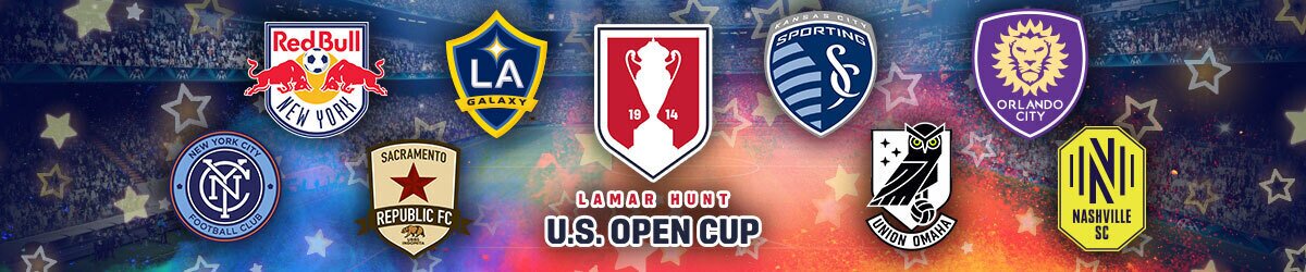 Lamar Hunt US Open Cup logo, different soccer team logos on left and right