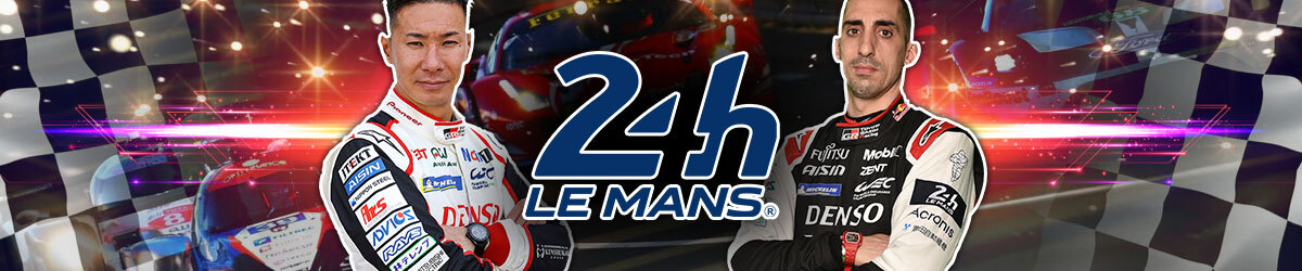 24h Le Mans logo, checkered flag background, two drivers on right and left