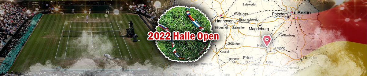 2022 Halle Open logo, tennis court, map of Germany