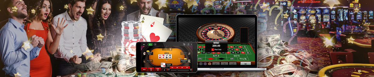 Smart devices centered with casinos, casino background with slots, money, people celebrating