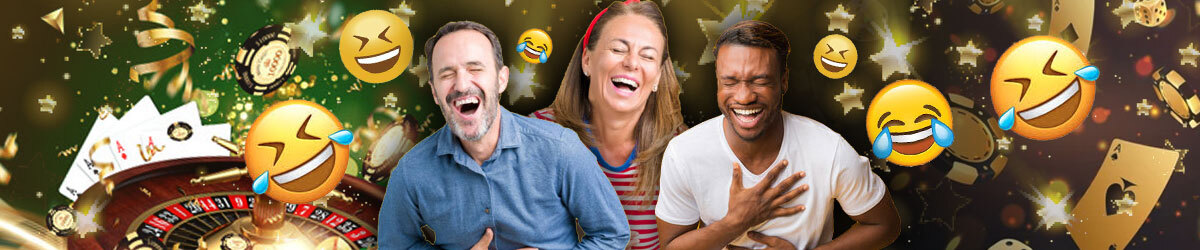 generic image of people laughing, laughing emojis, casino background