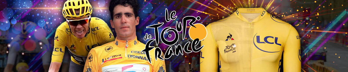 Tour de France logo, yellow Tour de France uniform, cyclist