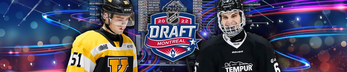 NHL Draft logo, hockey players Shane Wright and Juraj Slafkovsky