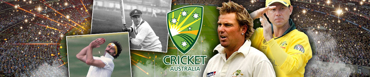 Cricket Australia logo, cricket stadium in background, (L-R): Dennis Lillee, Don Bradman, Shane Warne, Ricky Ponting