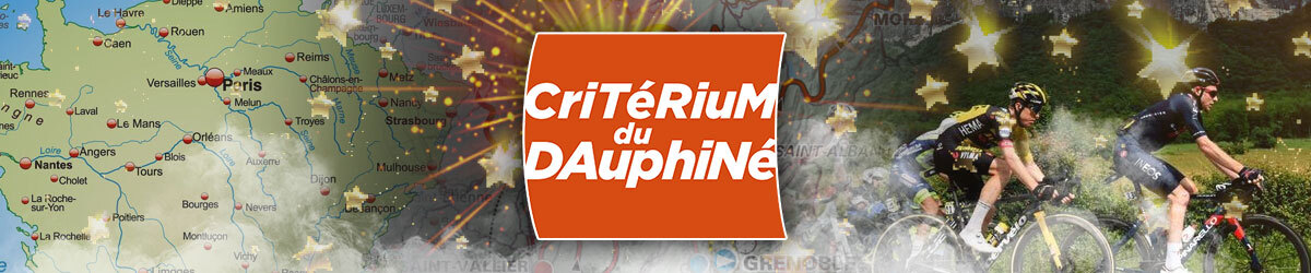 Criterium de Dauphine logo centered, map of Paris, cyclists