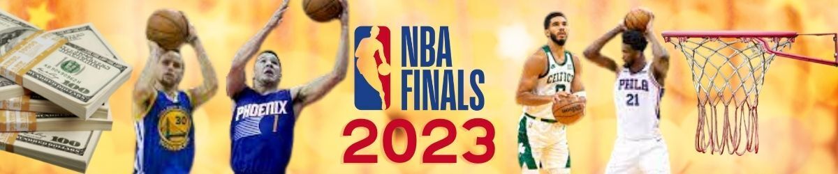 2023 NBA Finals logo, NBA players shooting basketball