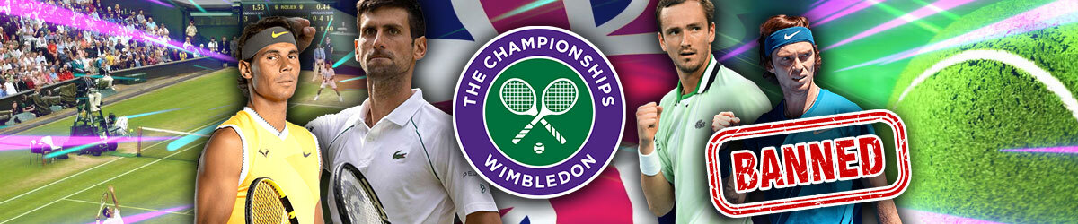 Wimbledon logo, Banned stamped, tennis background, with top ranked tennis players