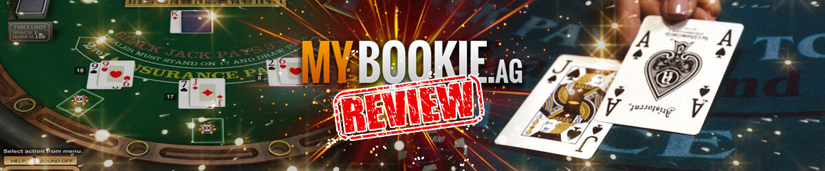 Blackjack imagery in background, MyBookie logo with review stamped
