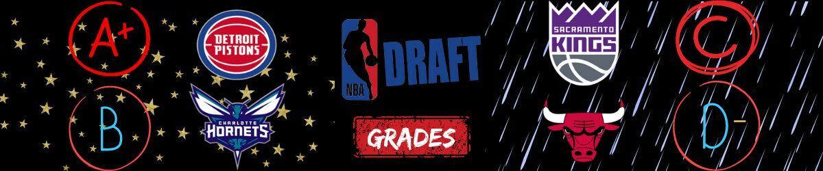 NBA Draft logo, different grades, Detroit Pistons, Charlotte Hornets, Sacramento Kings, and Chicago Bulls logos