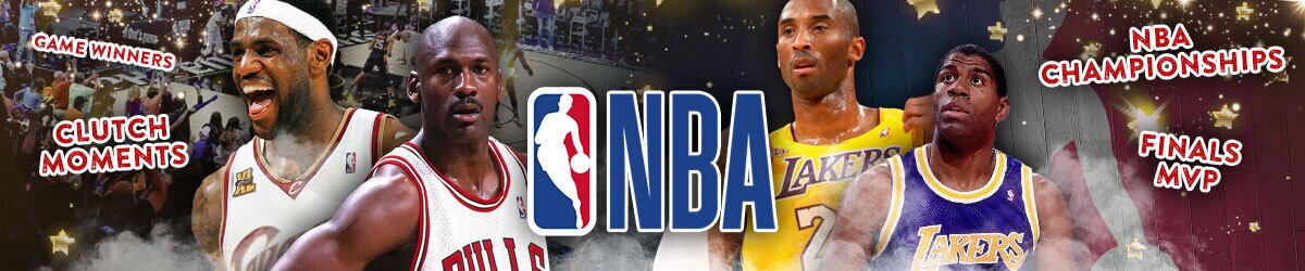 NBA logo centered with LeBron James, Michael Jordan, Kobe Bryant, and Magic Johnson featured