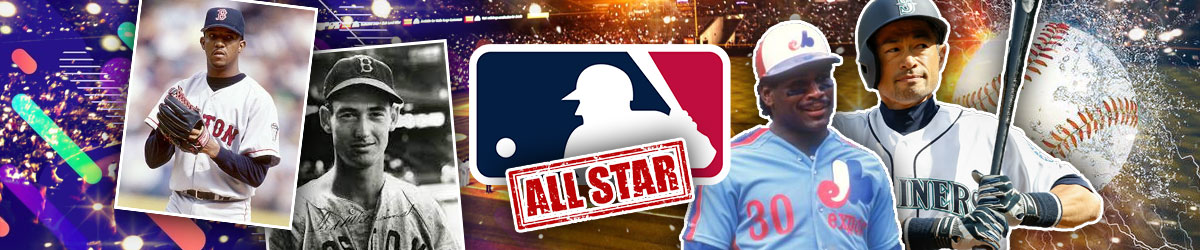 MLB logo, All Star stamped underneath, MLB player collages in background