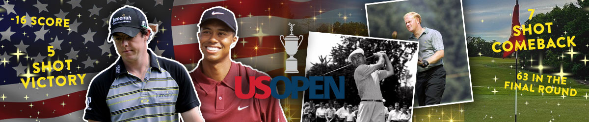 US Open logo, American flag, golf course, collages of golfers