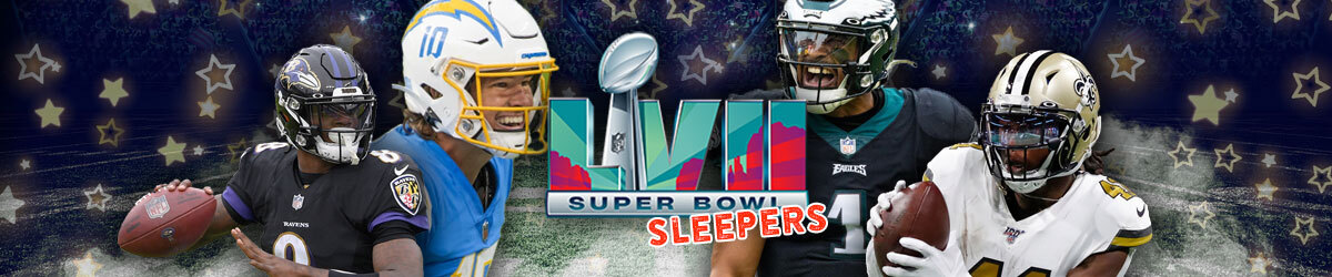 Super Bowl LVII logo, Sleepers stamped, players Justin Herbert, Lamar Jackson, Jalen Hurts, and Alvin Kamara