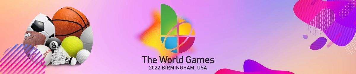 The World Games logo, 2022 Birmingham USA text, collage of sports balls (basketball, tennis, soccer, etc.)