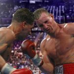 Collages of famous boxers fighting in boxing ring