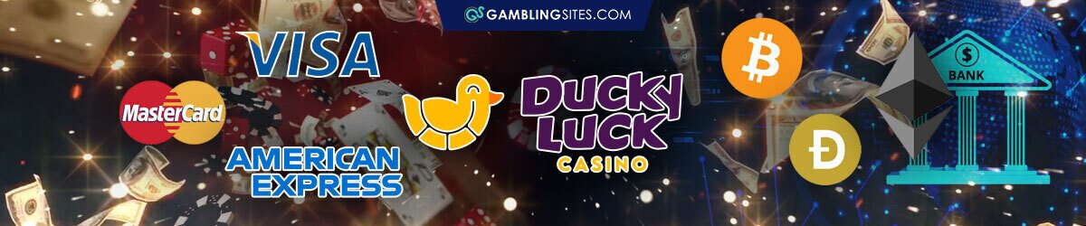 Visa Logo, Mastercard Logo, American Express Logo, Bitcoin Logo, Ducky Luck Casino Logo