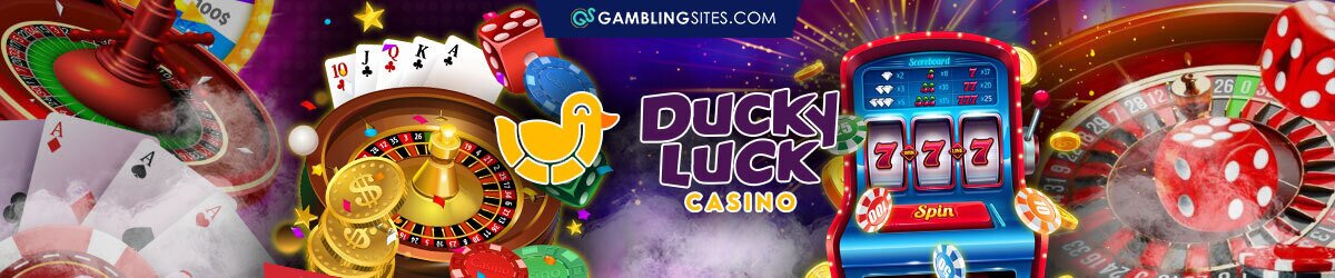 Roulette, Poker, Slot Machine, Ducky Luck Casino Logo