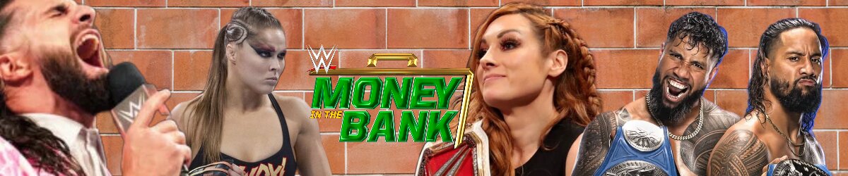 WWE Money in the Bank logo, Seth Rollins, Ronda Rousey, Becky Lynch, and The Usos