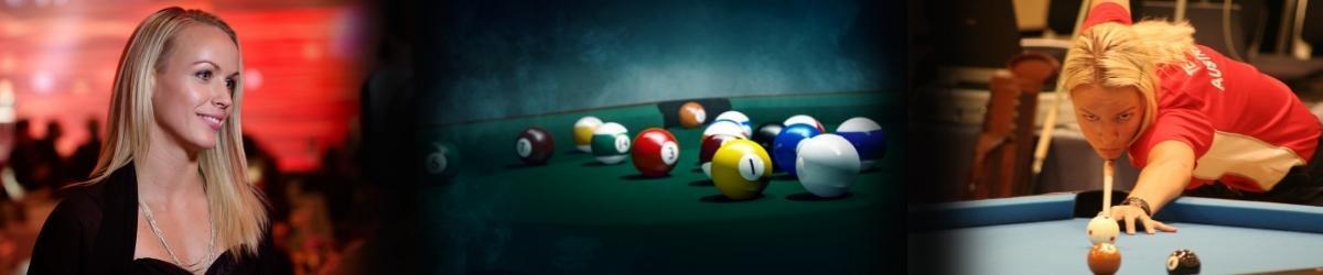 Generic shot of pool table, woman shooting at pool