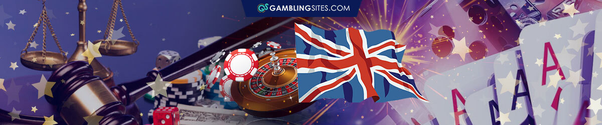 UK Casino Flag Over Casino Roulette Wheel, Poker Cards, Judge's Law Mallet