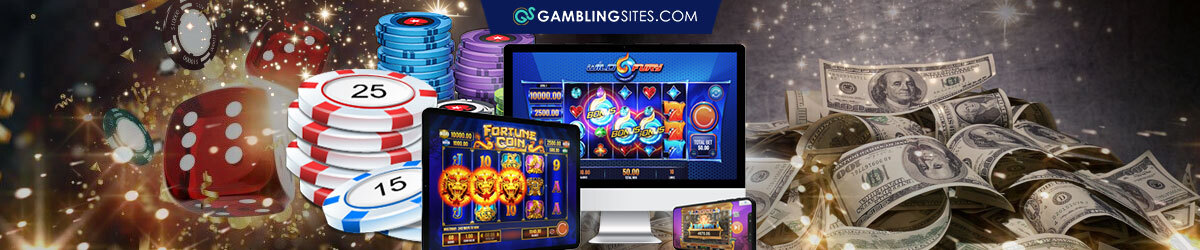 Casino Chips Stacked, Computer, Tablet, and Phone Displaying Casino Games