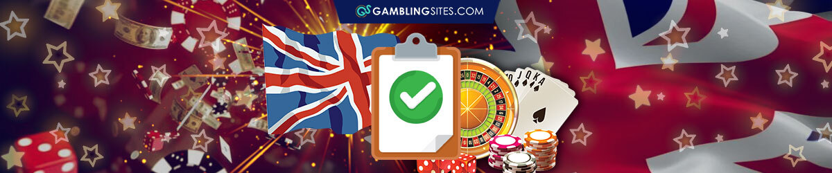 UK Flag, Casino Roulette and Poker Cards, Green Check Mark on Checklist