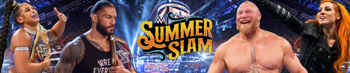 Summer Slam logo centered, Bianca Belair; Roman Reigns; Brock Lesnar; Becky Lynch