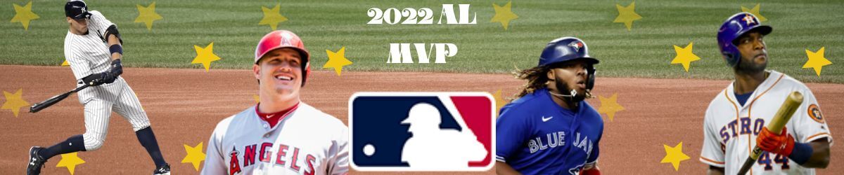 MLB logo, 2022 AL MVP, Aaron Judge, Mike Trout, Vladimir Guerrero Jr., and Yordan Alvarez