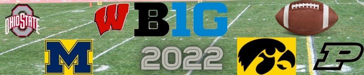 Big 10 Logo, Ohio State, Michigan, Wisconsin, Iowa, and Purdue teams logos on football field