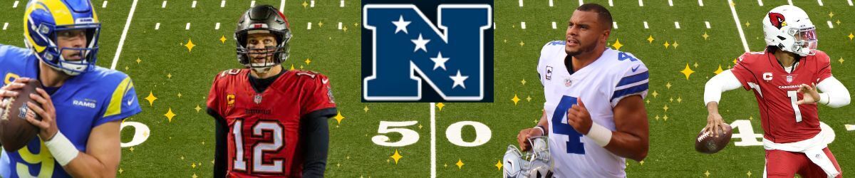 NFC logo, NFL Players: Matthew Stafford, Tom Brady, Dak Prescott, and Kyler Murray