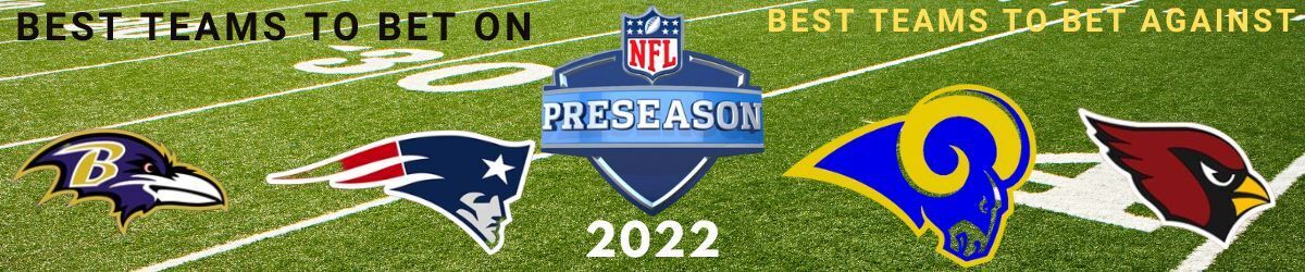 NFL Preseason logo, Baltimore Ravens, New England Patriots, Los Angeles Rams, and Arizona Cardinals logos on football field