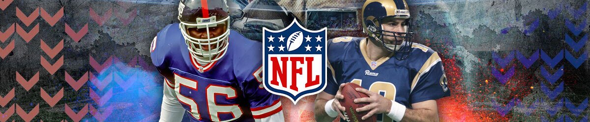 NFL logo centered, Lawrence Taylor to left, Kurt Warner to right