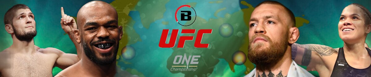 UFC logo, Khabib Nurmagomedov and Jon Jones left, Conor McGregor and Amanda Nunes right