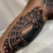 Manx Tattoo  Body Piercing  Large gambling design tattooed on the side of  the calf by Simon  Happy to take on your larger pieces as all day  sittings or however