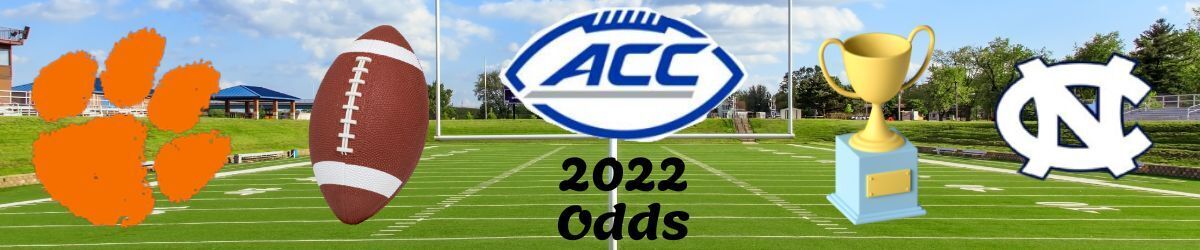 ACC 2022 Odds, Clemson and North Carolina logos, football and trophy