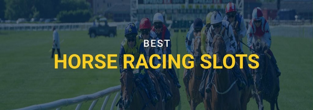 Horse race scene with jockeys riding down a track, overlaid with text reading “Best Horse Racing Slots” and the GamblingSites.com logo.